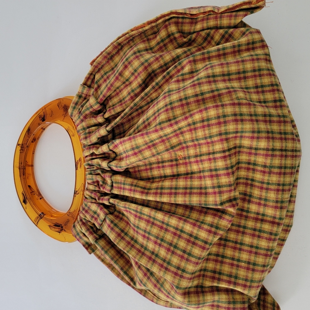 Hand Crafted Orange Brown Plaid Tartan Clutch Purse Handbag Acrylic Handles - Picture 8 of 9